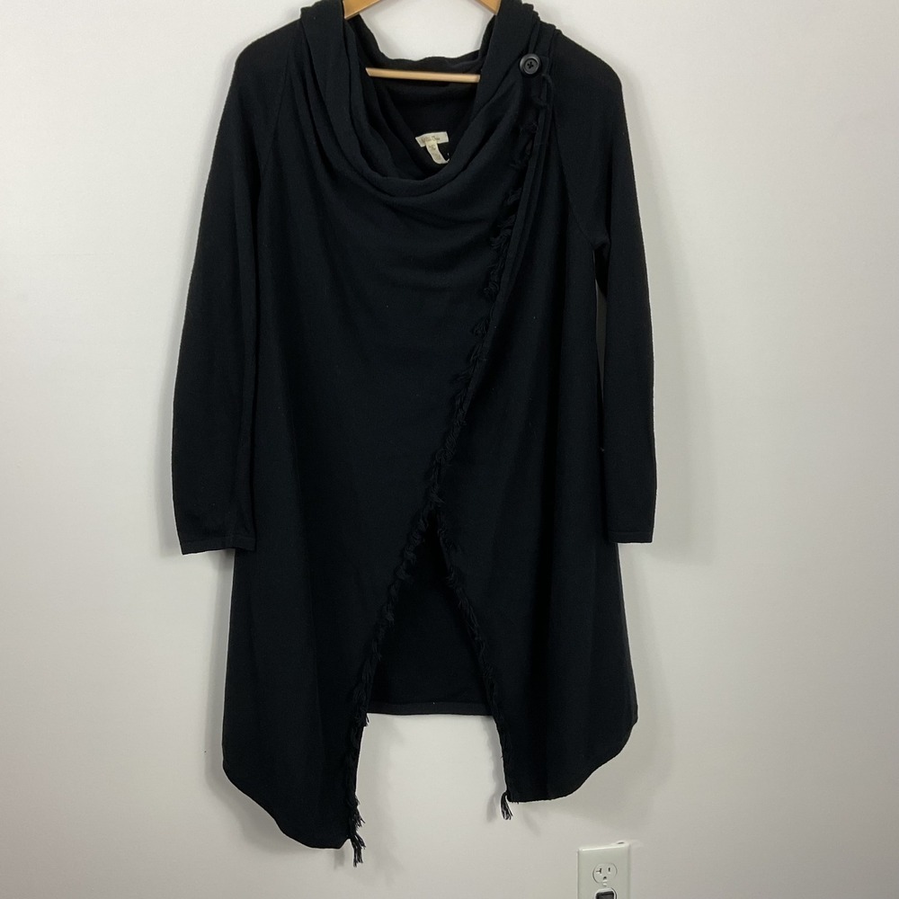 Matilda Jane Warm Smile Black Cowl Neck Fringe Wrap Cardigan Sweater Women's M
